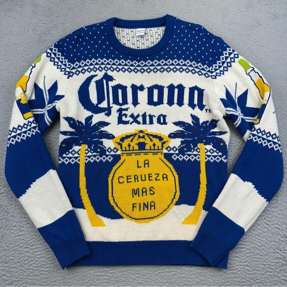 Corona Extra Sweater Mens Medium Blue White‎ Knit Acrylic Ugly Sweater Beer - Picture 1 of 15